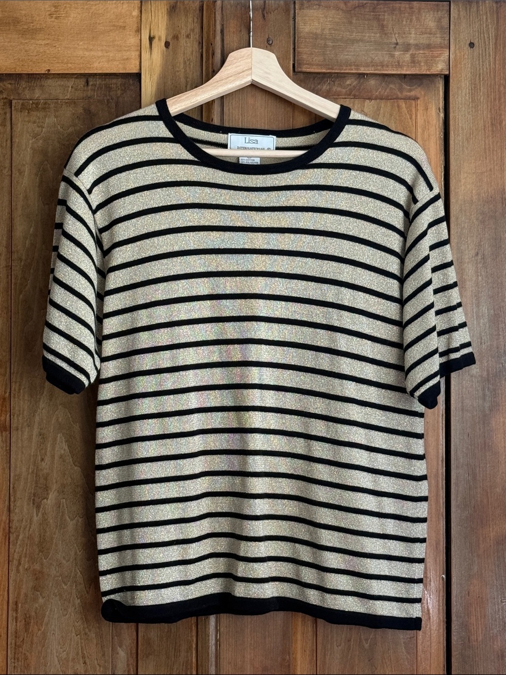 Vintage L Metallic Gold and Black Striped Scoop Neck Sweater 90s Boxy